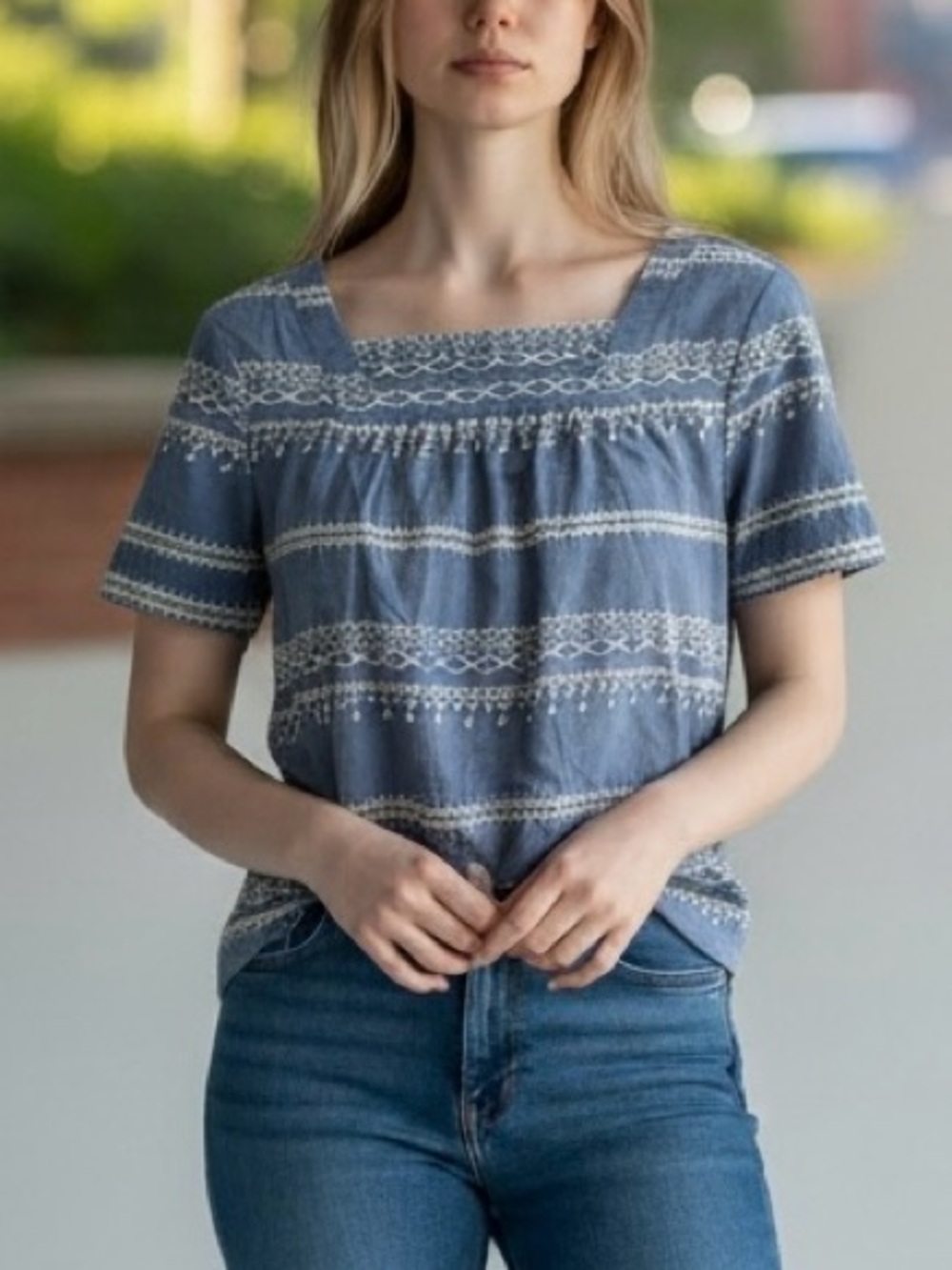 NWT Christopher & Banks Embroidered Peasant Eyelet Square Neck Sz Medium Petite